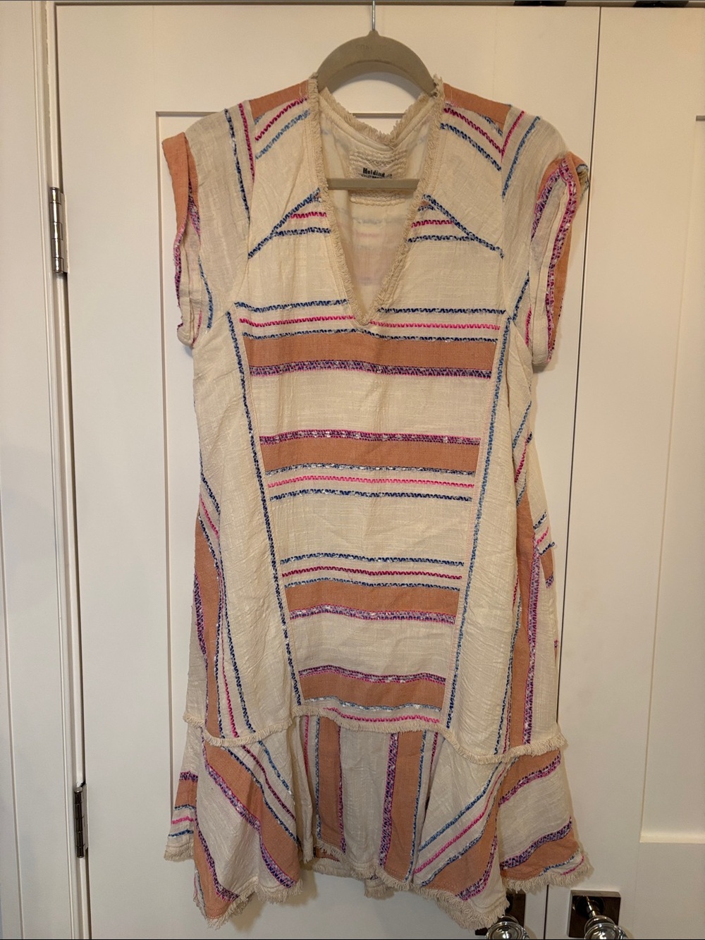 HOLDING HORSES Cream flowy boho striped Dress with fringe Accents Sz M